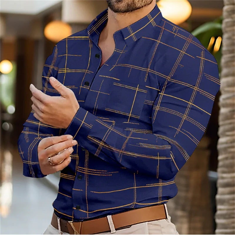 Long Sleeve Shirt Thin Casual Plaid Loose Lapel Button Shirt Men'S New Mb12 - Image 3